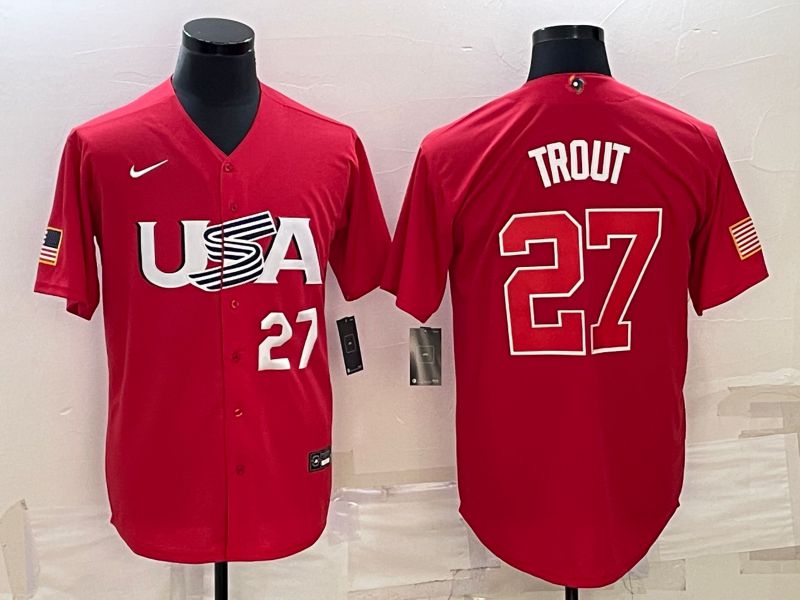 Men 2023 World Cub USA #27 Trout Red Nike MLB Jersey6